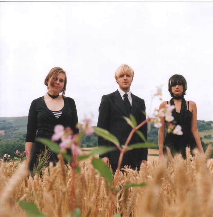 The three band members standing in a wheat field.
