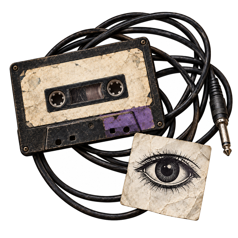 An AI-generated photoreal image of a cassette tape with its lead spilling out.