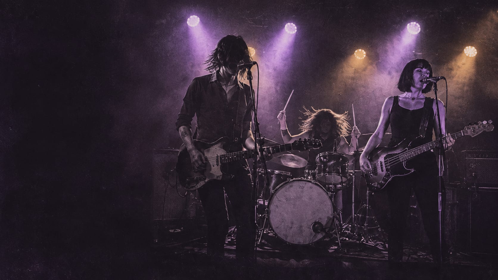 An AI-generated photoreal image of a three-piece band performing under stage lights.