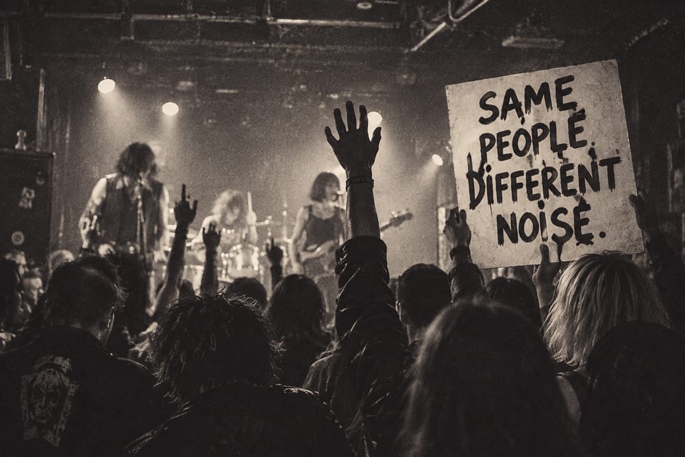An AI-generated photoreal image of a crowd at a gig, one person holding a hand-lettered placard.