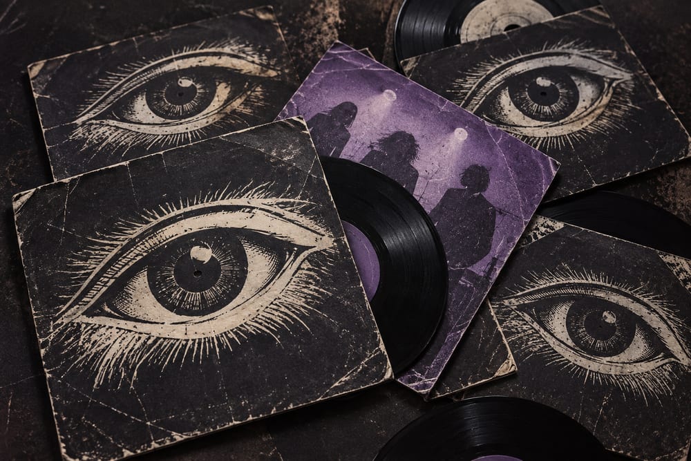 An AI-generated photoreal image of record sleeves fanned out across a table.